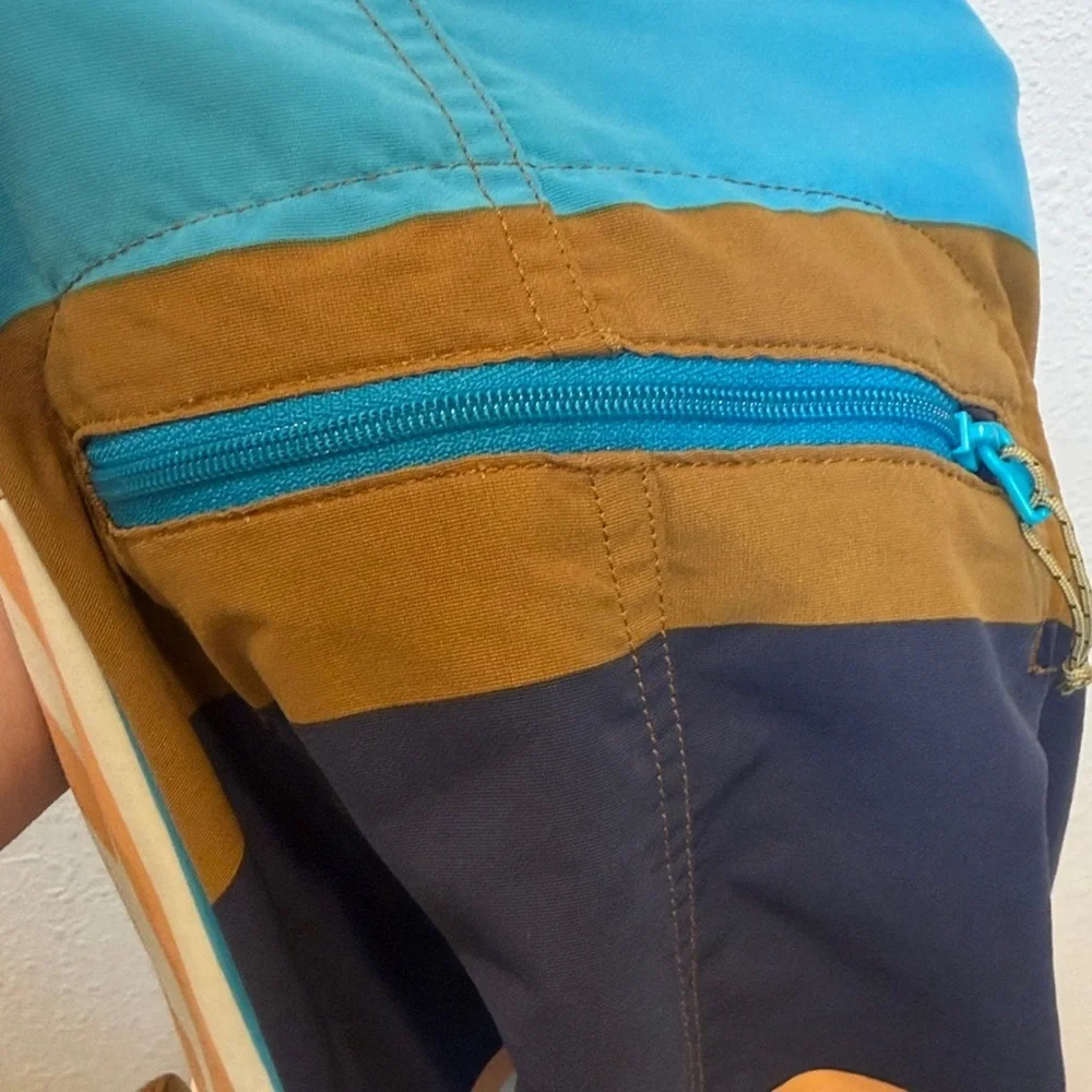 Patagonia Men’s Navy, Teal & Olive Striped Boardshorts